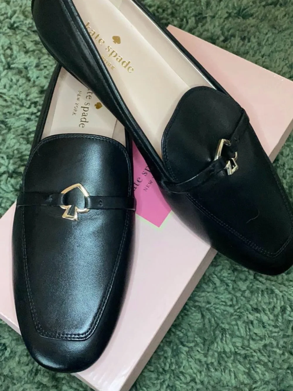 kate spade Black Leather Slip-On Loafers with Gold Spade Accent